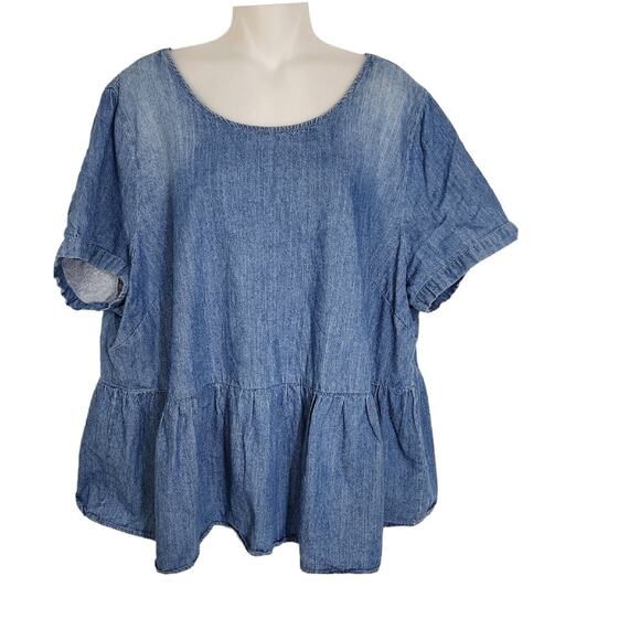 Lane Bryant Womens Top Size 22/24 Blue Peplum Light Wash Chambray Denim Tie Back - Picture 1 of 10